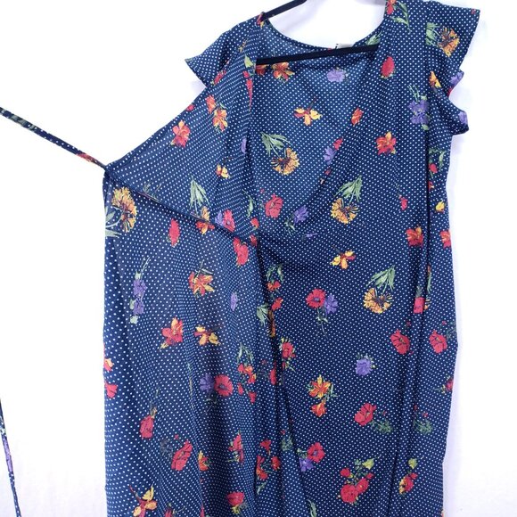 Wrapper Navy Blue Mini Stars Colorful Floral Lightweight Wrap Mid Dress Size L - Picture 13 of 13